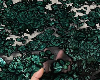 High Quality Dark Green Silk Velvet Fabric, Rose Pattern Fabric, Hollow Silk Velvet, Silk Cotton Velvet Fabric, Evening Dress Fabric