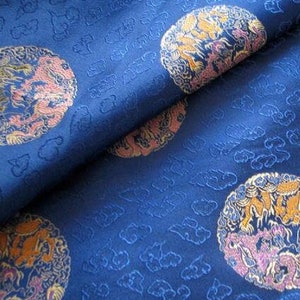 Blue color brocade fabric, dragon jacquard brocade fabric, by the yard