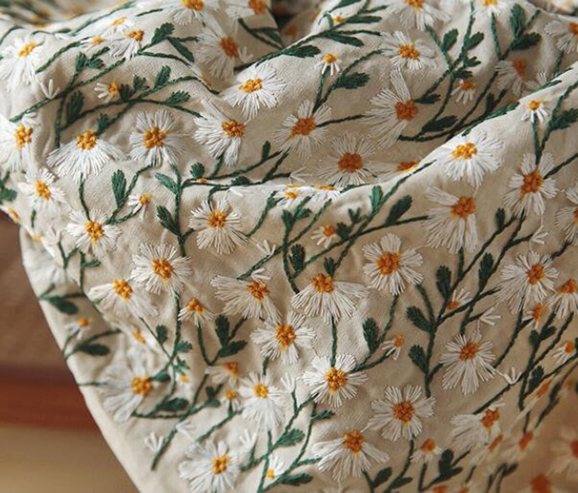 White daisy style fabric cotton linen fabric embroidered Etsy