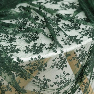 2 Color soft mesh embroidered fabric, dark green/black color mesh with cotton embroidered fabric, by the yard