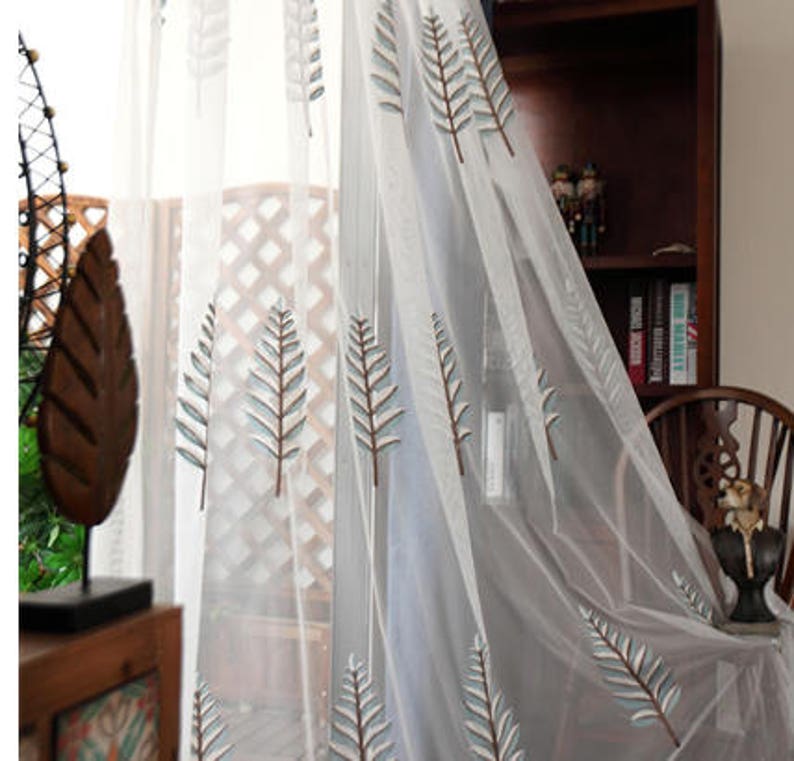 White Curtains Fabric With Embroidery Tree Window Gauze Etsy