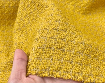 Mustard yellow pure wool fabric, bright woven tweed fabric, Autumn fabric, by the yard