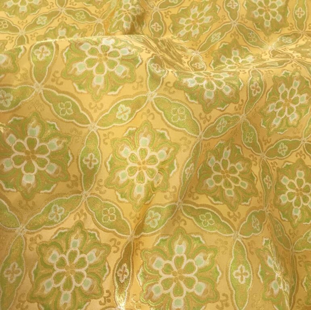 Wide Brocade Fabrc, Yellow Green Color Flower Brocade Satin Fabric ...