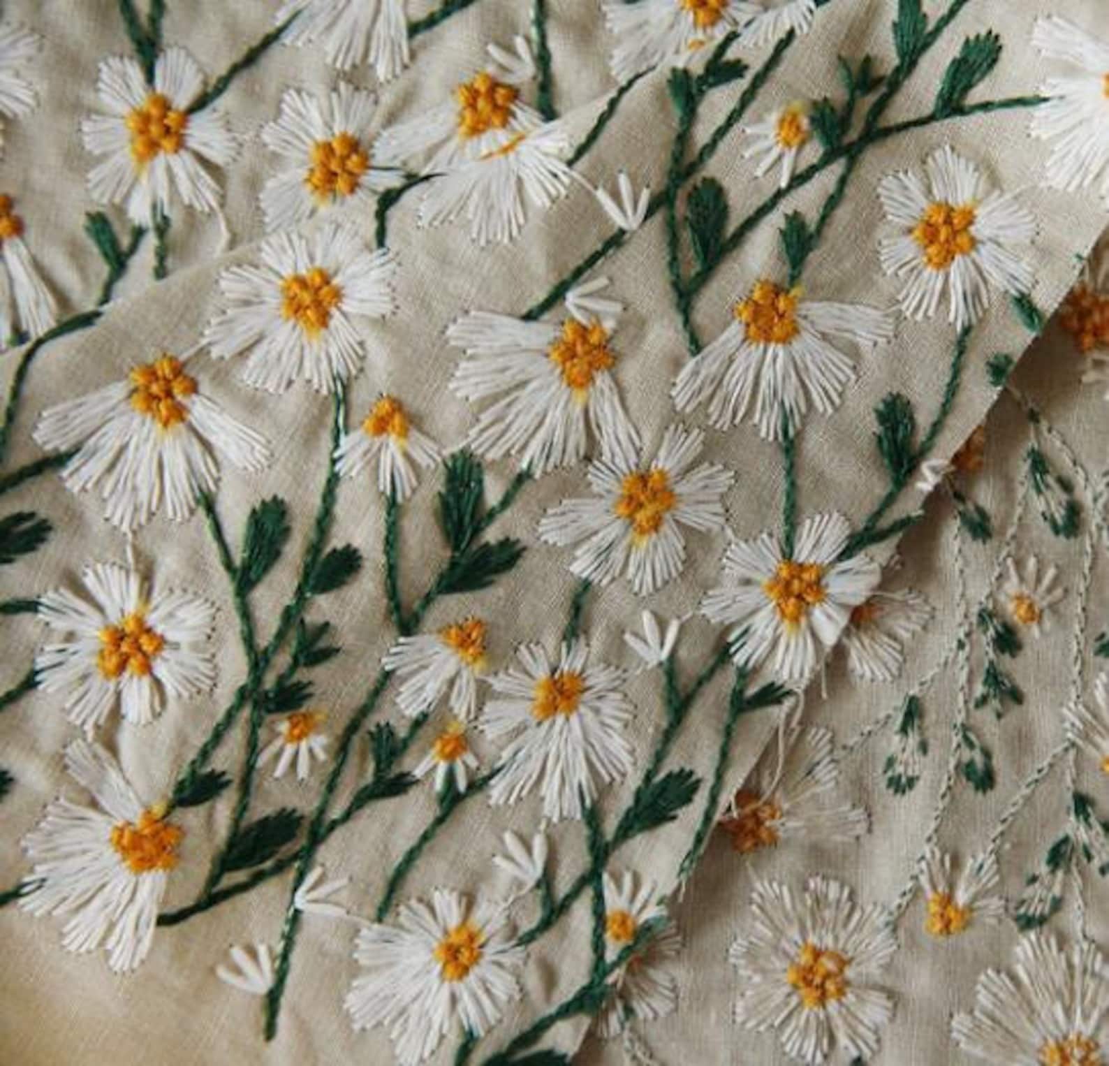White daisy style fabric cotton linen fabric embroidered Etsy