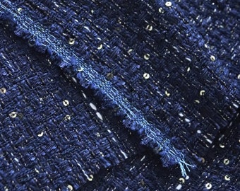 Dark navy blue color wool fabric, sequins woven tweed fabric, Autumn fabric, by the yard