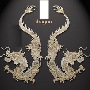 May include: Two gold embroidered dragon patches, each with a detailed design and a curled tail. The word "dragon" is printed in white below the patches.