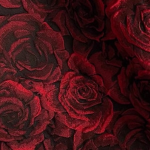Może przedstawiać: Czerwona i czarna tkanina z wypukłym wzorem róży.