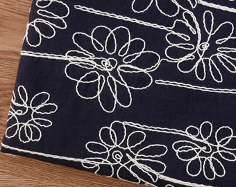 Embroidered fabric, cotton flower style fabric, dark navy blue fabric, diy fabric