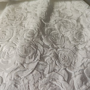 White Embossed Rose Flower Polyester Jacquard Fabric 58