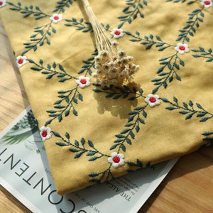 Cotton linen fabric with embroidered flower, yellow color cotton linen fabric, by the yard