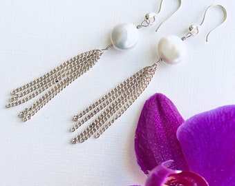 BoHo Bride Earrings | Pearl Earrings | Bridal Earrings | Pearl and Silver Earrings | White pearl earrings | Dangling Pearl Earrings