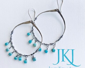 Turquoise Fringe Hoop Earrings | Hoop Earrings | Turquoise Earrings | Silver Hoop Earrings | BoHo Earrings | Big Earrings