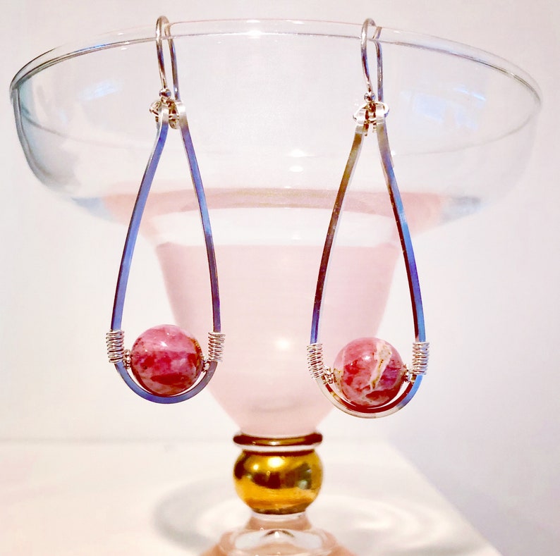 Pink Martini Earrings Rhodochrosite Earrings Sterling Hoop Etsy