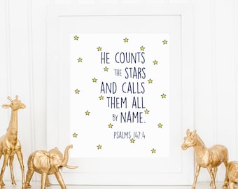 DIGITAL Psalm 147:4 Navy Star Outer Space Nursery Print, Modern Kid Wall Art, Gender Neutral Nursery, Star Print, Bible Verse Art - ANY SIZE