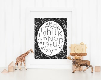 DIGITAL Modern Black & White Alphabet abc Nursery Print, Alphabet Print for Baby, Nursery Wall Art, Monochrome Nursery - ANY SIZE