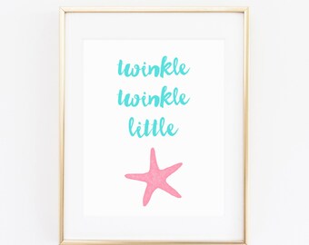 DIGITAL Twinkle Twinkle Little Starfish Wall Art, Aqua Blue & Pink Nautical Girl Nursery, Nautical Wall Decor, Beach Baby Print - ANY SIZE