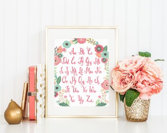 DIGITAL Floral Alphabet abc Nursery Print, Alphabet Print for Baby, Pink Coral Nursery Wall Art, Pretty Baby Girl Nursery Decor - ANY SIZE