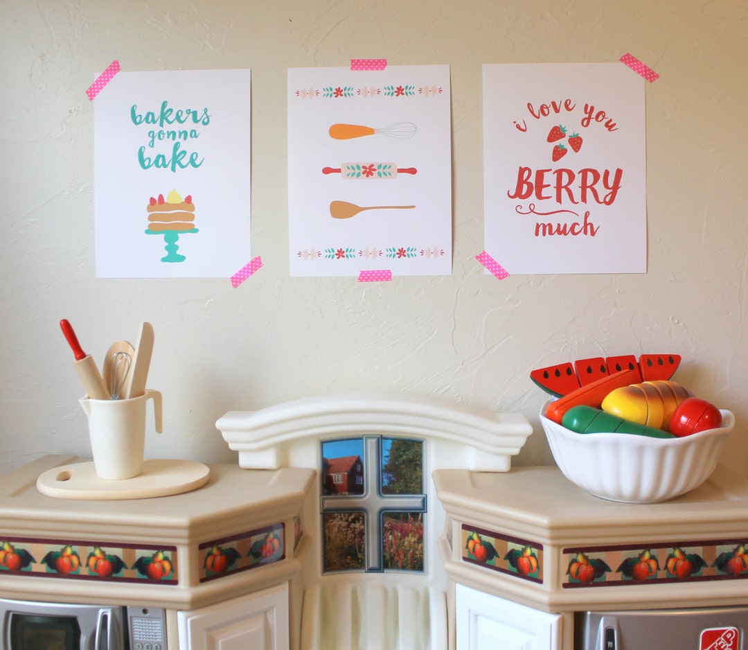 set of 3 baking kitchen prints | cute kitchen decor |... DIGITAL Set of THREE Play Kitchen Prints, Bakers Gonna Bake, I Love You ...