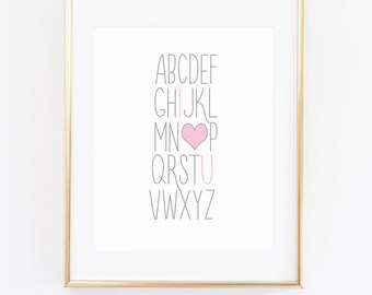 DIGITAL Modern Alphabet abc Nursery Print, I Love You Alphabet Picture, Pink Grey Nursery Wall Decor, Wall Art with Pink Accent - ANY SIZE