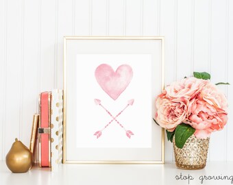 DIGITAL Pink Heart & Arrows Watercolor Nursery Print, Pink Tribal Nursery Wall Decor, Pink Heart Girl Nursery, Printable Wall Art - ANY SIZE