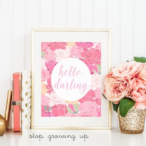DIGITAL Hello Darling Pink Peonies Nursery Print, Baby Girl Wall Decor, Pink Nursery Art, Pink Girl Room Decor - ANY SIZE