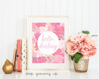 DIGITAL Hello Darling Pink Peonies Nursery Print, Baby Girl Wall Decor, Pink Nursery Art, Pink Girl Room Decor - ANY SIZE
