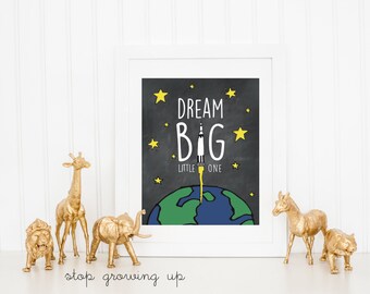DIGITAL Chalkboard Dream Big Little One Poster, Outer Space Nursery Print , Grey Nursery Art for Baby Boy, Wall Art Decor - ANY SIZE