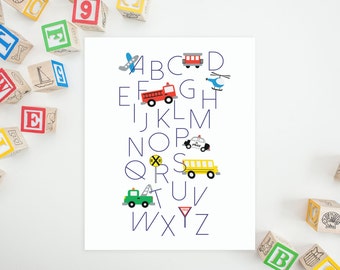 DIGITAL Transportation Car Truck Alphabet Nursery Print, Little Boy Nursery Decor, Train Nursery Wall Art, Car Nursery Decor - ANY SIZE