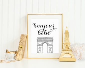 DIGITAL Bonjour Bebe French Nursery Print, Paris Nursery Wall Decor, Black White Pink Girl Nursery, French Printable Wall Art - ANY SIZE