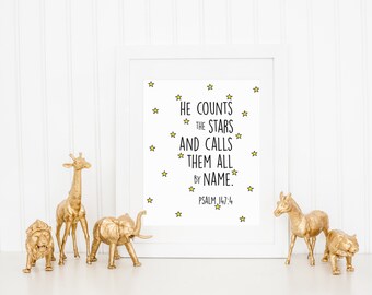 DIGITAL Psalm 147:4 Star Outer Space Nursery Print, Modern Kid Wall Art, Gender Neutral Nursery, Star Print, Bible Verse Art - ANY SIZE