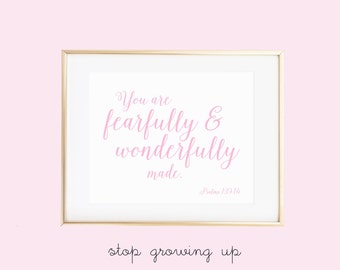 DIGITAL Fearfully & Wonderfully Made Psalm 139:14 Bible Verse Nursery Print, Light Pink Baby Girl Nursery, Christian Baby Decor - N'IMPORTE QUELLE TAILLE
