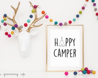 DIGITAL Happy Camper Teepee Print, Tribal Wall Decor, Playroom Teepee Poster, Modern Monochrome Gender Neutral Nursery - ANY SIZE