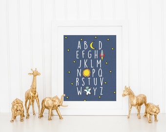 DIGITAL Blue Outer Space Alphabet ABC Nursery Print, Alphabet Print for Baby Boy, Rocket Ship Decor, Star Nursery Wall Art Decor - Any Size