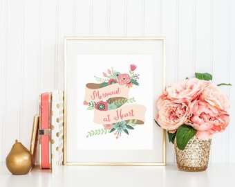 DIGITAL Mermaid at Heart Print, Mermaid Decor, Mermaid Art, Baby Girl Nursery Wall Art, Pink Coral Baby Girl Nursery Poster - ANY SIZE