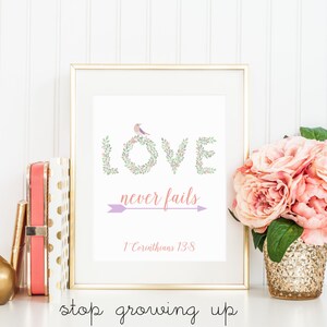 DIGITAL Love Never Fails Print, 1 Corinthians 13:8 Scripture, Love Birds Wall Decor, Wedding Print, Home Decor, Bible Verse Print - ANY SIZE