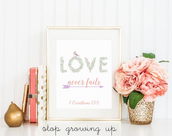 DIGITAL Love Never Fails Print, 1 Corinthians 13:8 Scripture, Love Birds Wall Decor, Wedding Print, Home Decor, Bible Verse Print - ANY SIZE