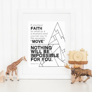 DIGITAL Matthew 17:20 Bible Verse Wall Art, Printable Wall Decor, Monochrome Nursery Wall Art, Boy Nursery Art, Christian Print - ANY SIZE