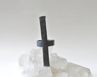 GATE RING Solid sterling silver oxidized hand-forged distressed cross statement ring minimalist design