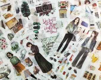 9 Sheets Cute Kawaii Planner Sticker, Fashion Girl Planner Washi Sticker Sheet , Planner Deco, Snailmail, Journal, Flower Leaves Travel Food