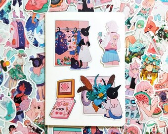 Cute Japanese Style Doodle Planner Sticker, Assorted Sticker, Planner Deco, Claw Machine, Arcade Game Boy, Bottle Planet Popsicle Girl Lady