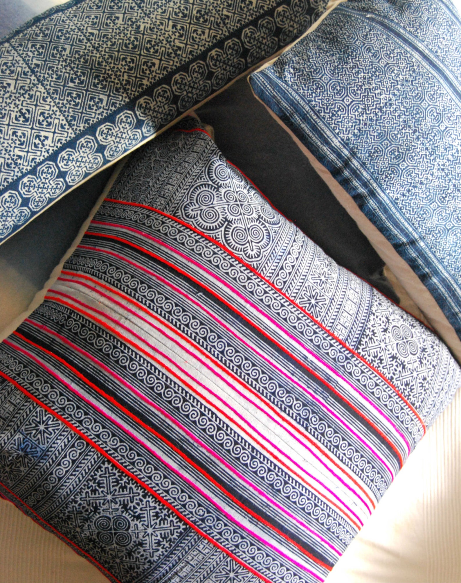 Hmong Pillow Embroidered Hmong Pillowcase Indigo Batik Etsy