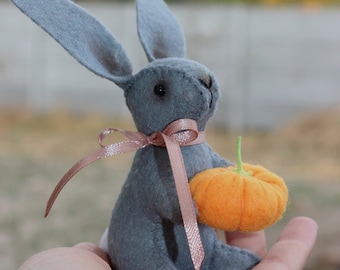 Halloween decor, pumpkin spice, Bunny with pumpkin fall decoration, gray rabbit stuffed toy, gift for father, autumn finds