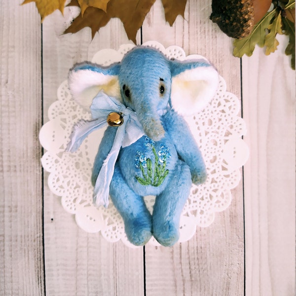 Blue teddy elephant, Vintage teddy for blythe doll, OOAK teddy bear, Wonderland stuffed animals, Artist memory toy, Birthday /Christmas gift