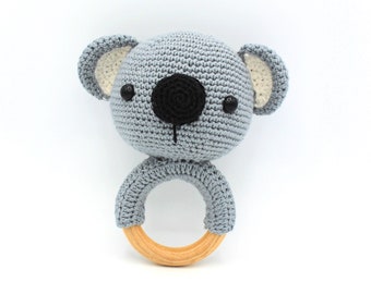 Baby rattles koala toy Wooden new baby gift Organic rattle natural toy Crochet Eco wooden ring New mom gift basket Dedication newborn