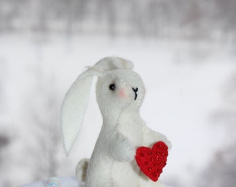 Tiny bunny With red heart Mini bunny Felted rabbit bunny toys Miniature animals toys White bunny Pocket rabbit Celebrations Mothers Day gift