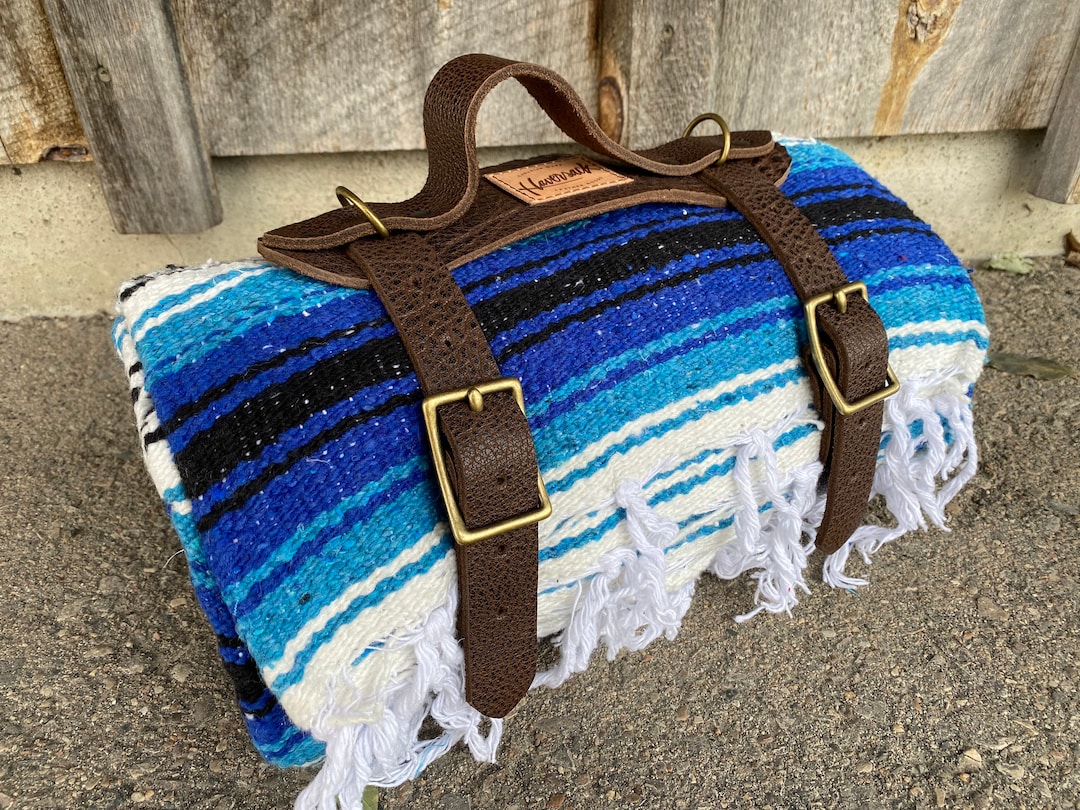 Leather Blanket Roll Straps With Blue Mexican Blanket Bedroll Etsy