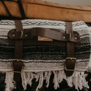 Leather Blanket Roll Straps/ Grey Black White Mexican Blanket/ Motorcycle Bedroll/ New Mexico Home Decor/ Southwestern Style