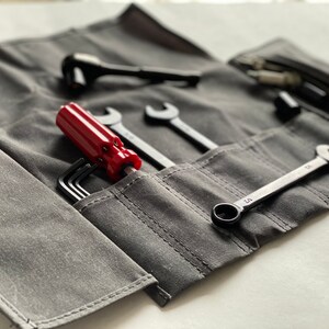 Gray Waxed Canvas Motorcycle Tool Bag / Tool Roll / Chef Accessory Roll Up / Spoon Roll