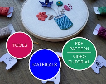 Embroidery pattern + video tutorial + materials + tools | Design 001: flower vase | Medium level