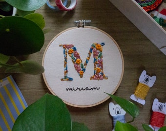 Initial letter, 15 cm, hand embroidered hoop, name made to order